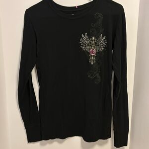 STRANDED BRAND…BLACK L/S TEE SHIRT WITH GRAPHIC DESIGN ON BACK AND ON CHEST